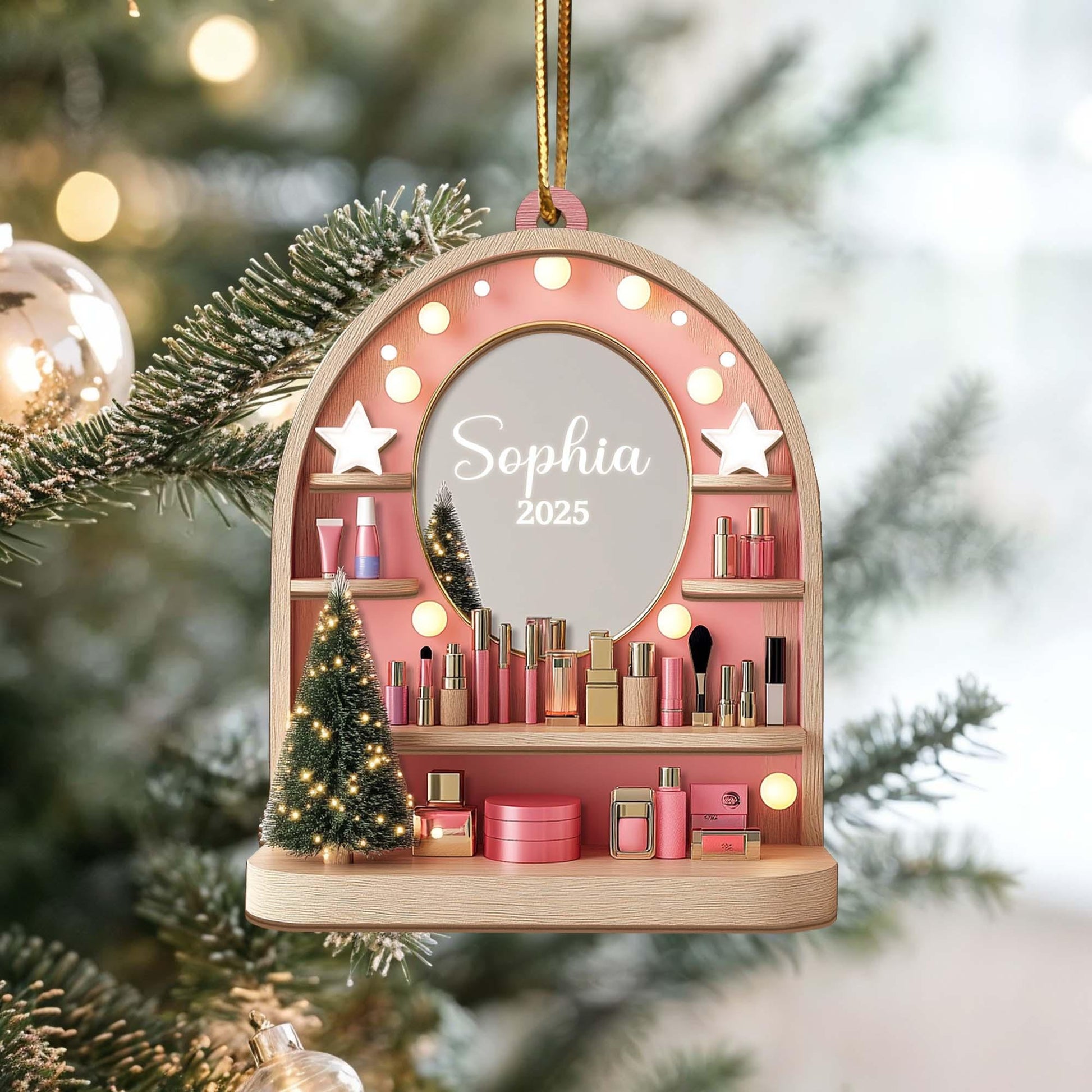 Custom Cosmetics Ornament Christmas Decor, Makeup Artist 3 Layered Wood Ornament Cosmetics Gift For Girls, Esthetician Artist Christmas Gift