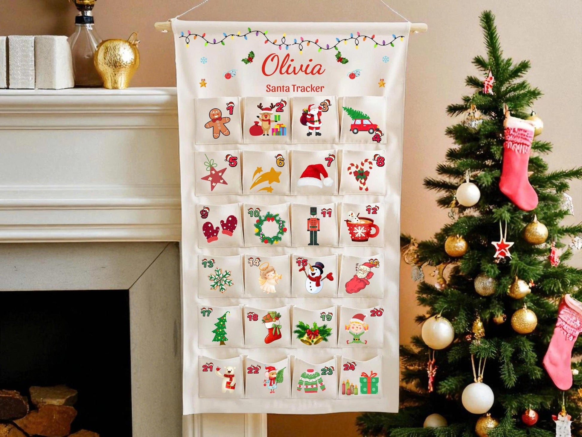 Personalized Green Christmas Tree Fabric Advent Wall Hanging Calendar, Family Countdown with 24 Ornaments by Pockets of Learning