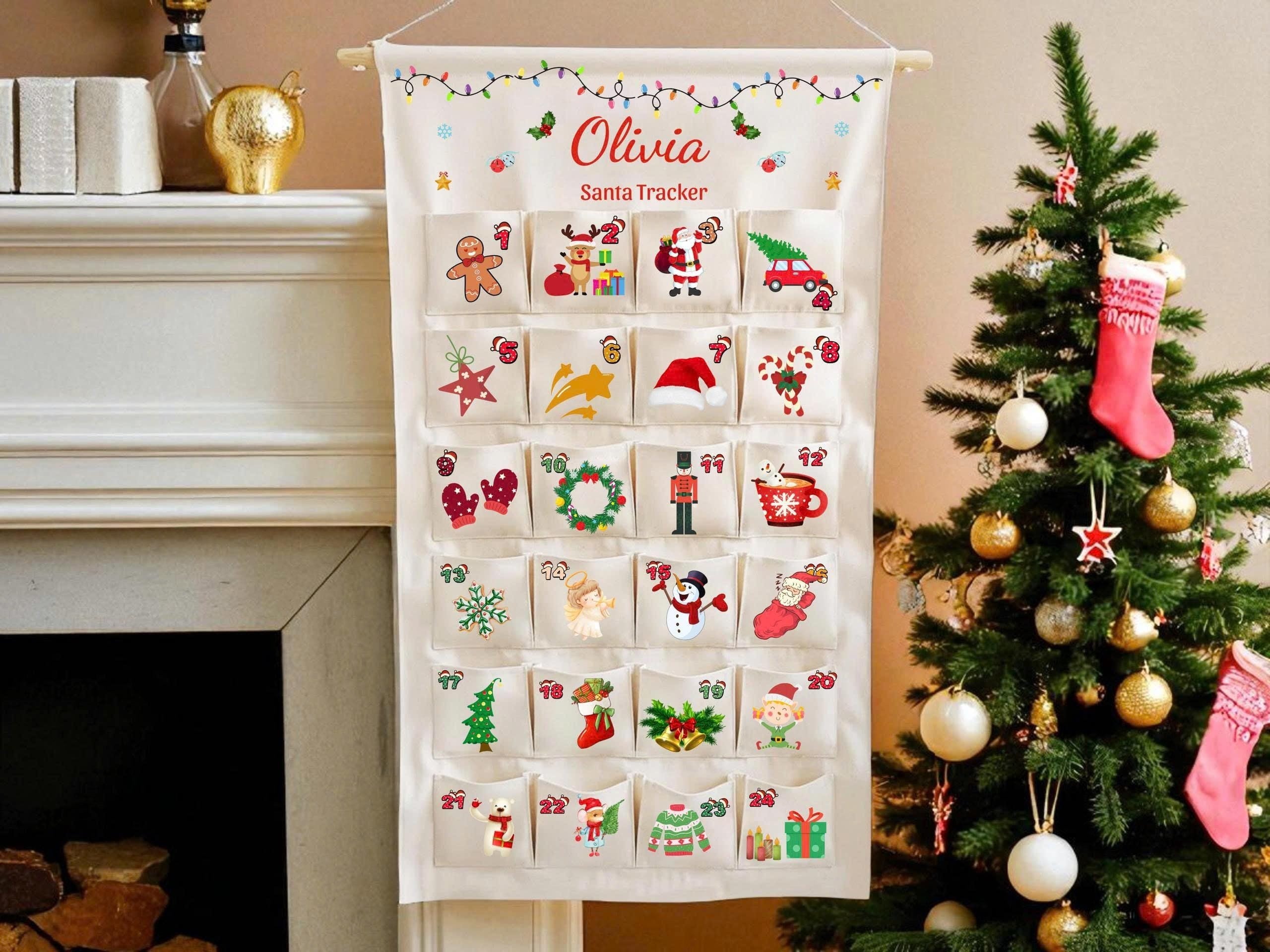 Personalized Green Christmas Tree Fabric Advent Wall Hanging Calendar, Family Countdown with 24 Ornaments by Pockets of Learning