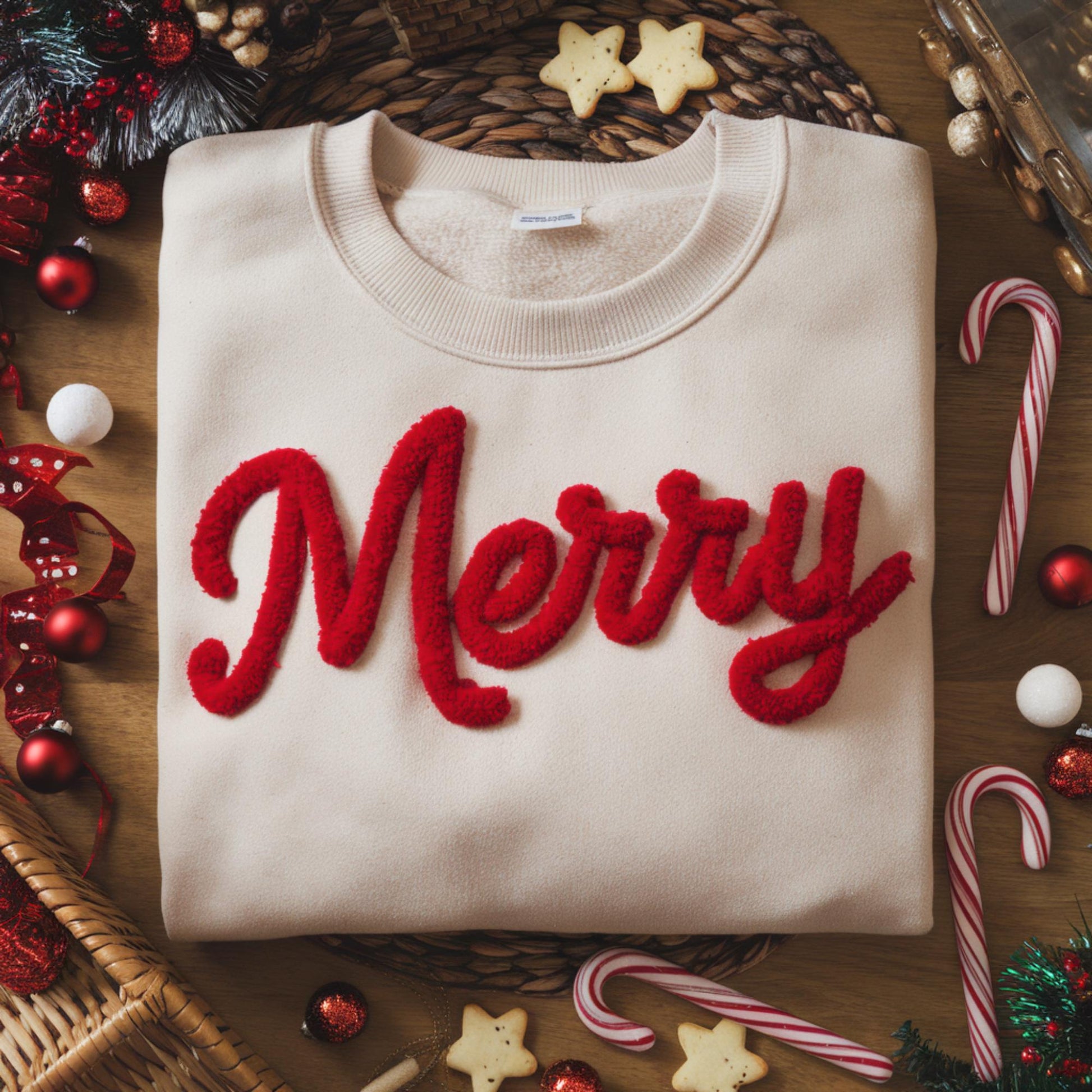 Merry Christmas Chenille Yarn Embroidered Sweatshirt, Christmas Embroidered Shirt, Merry and Bright Shirt, Holiday Style, Christmas Gift
