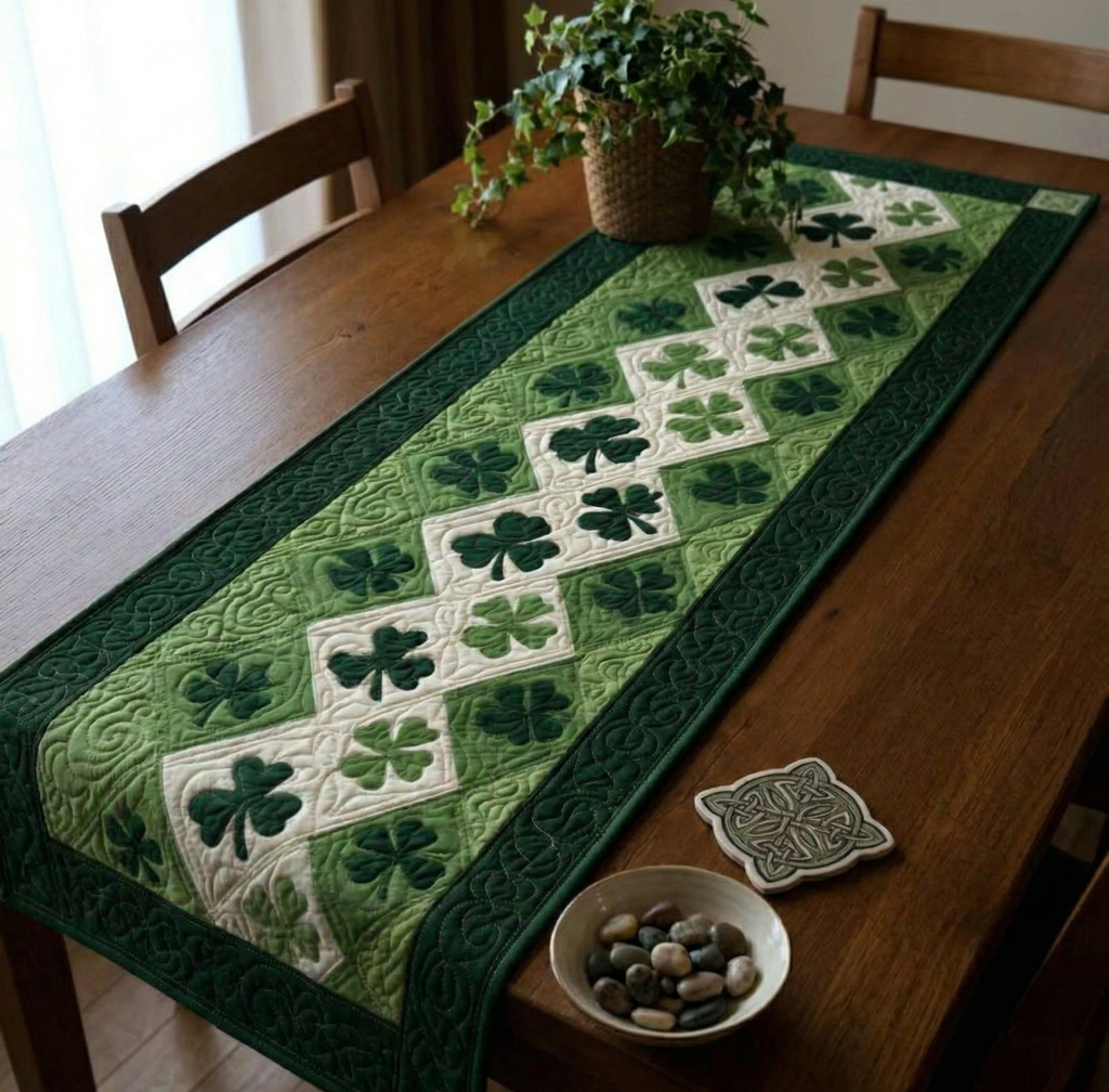 Irish Shamrock Quilted Table Runner - Green Table Decor for Kitchen and Dining Table