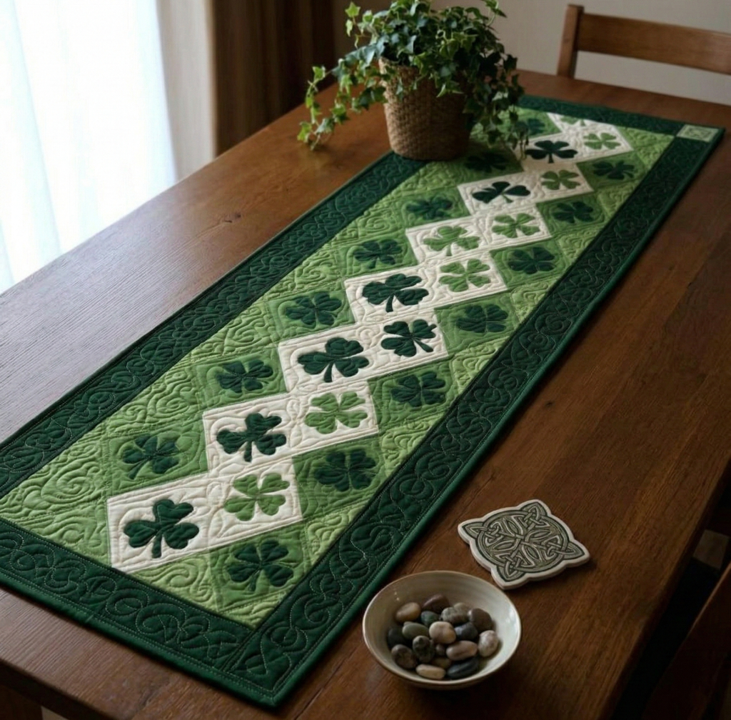 Irish Shamrock Quilted Table Runner - Green Table Decor for Kitchen and Dining Table
