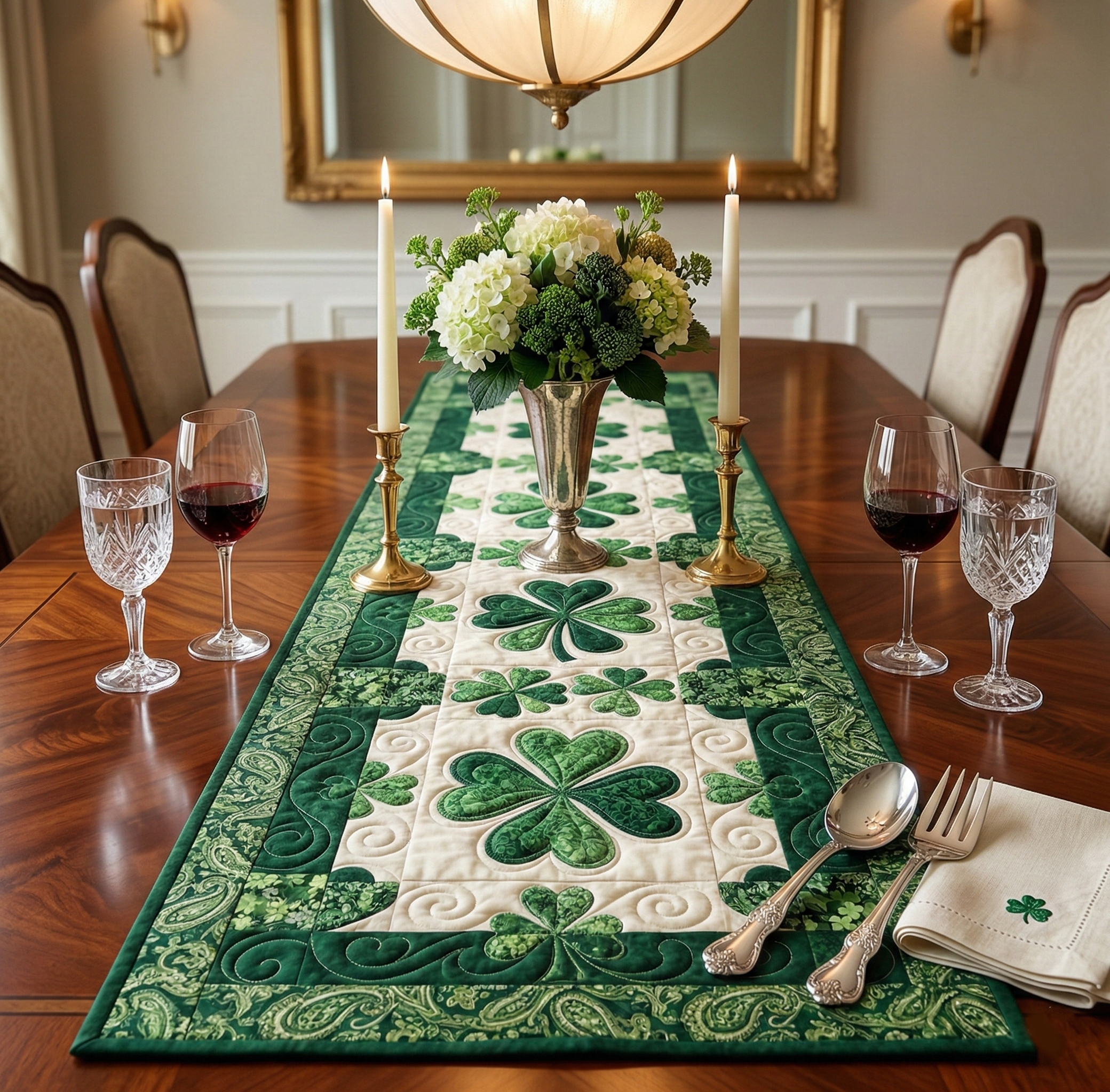 St. Patrick’s Day Table Runner - Whispering Clovers Four Leaf Clover Dining