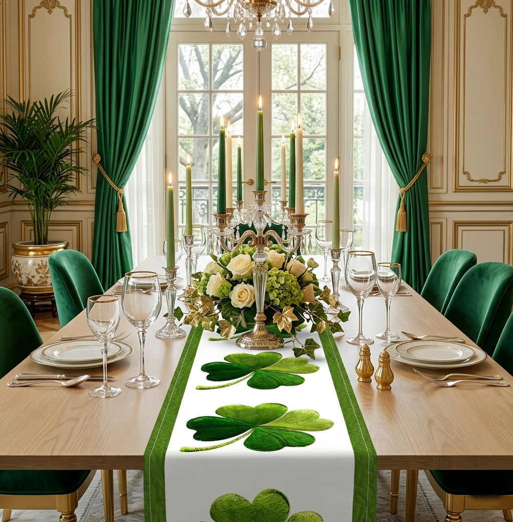 St. Patrick’s Day Table Runner - Green Shamrock Clover Table Decor for Dining Table