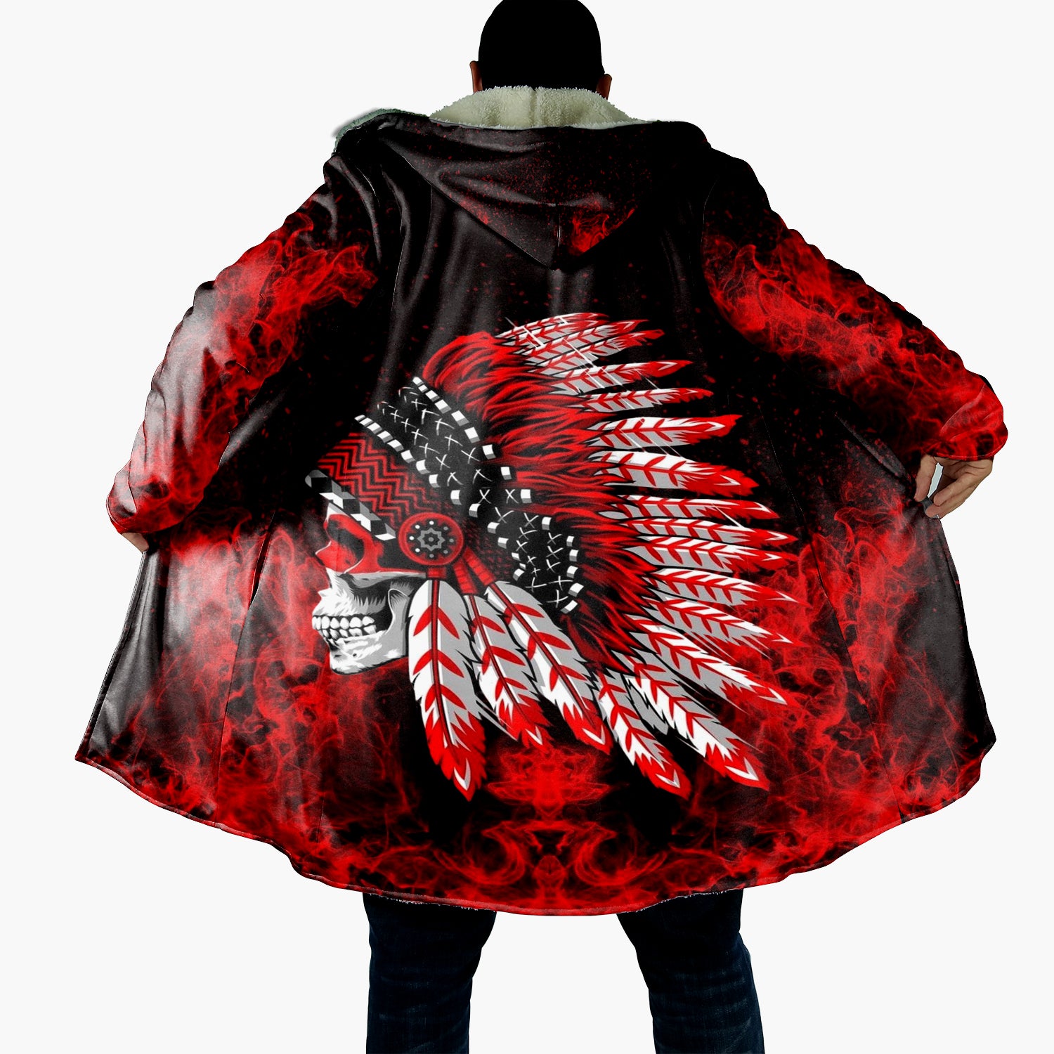 Native American Skull Cloak, Red Feather Headdress Cape, Tribal Gothic Hooded Cloak, Red Smoke Graphic Wear, Warrior Biker Style