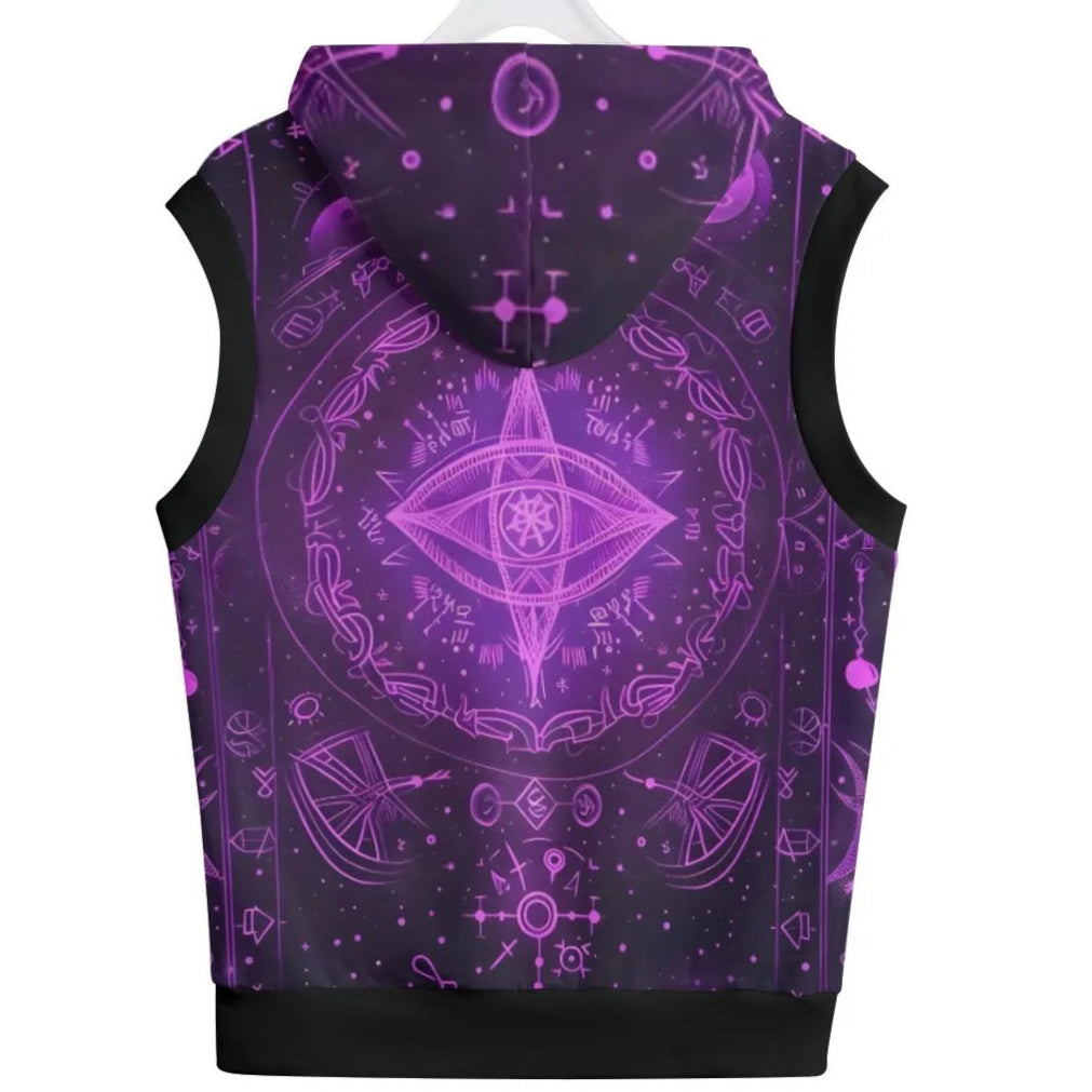 Mystical Fantasy Sleeveless Pullover Hoodie, Purple Cosmic Eye Design, Spiritual Magic Clothing, Psychedelic Witchy Fashion