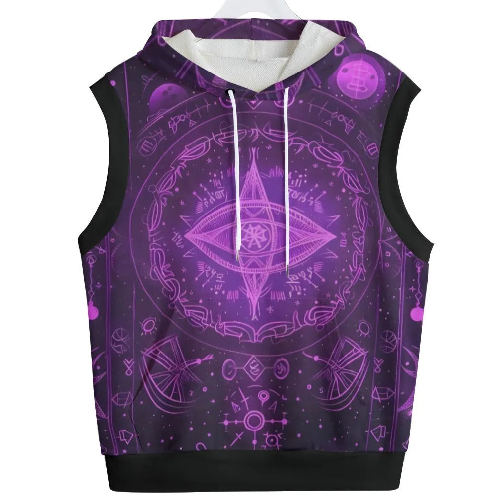 Mystical Fantasy Sleeveless Pullover Hoodie, Purple Cosmic Eye Design, Spiritual Magic Clothing, Psychedelic Witchy Fashion