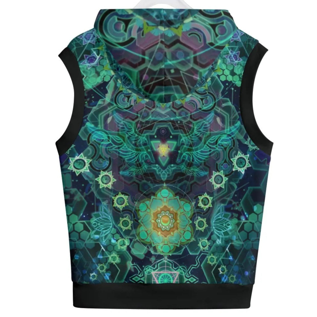 Yantric Geometry Sleeveless Pullover Hoodie – Sacred Geometry Mandala Design, Spiritual Festival Clothing, Psychedelic Wear, Festival Streetwear