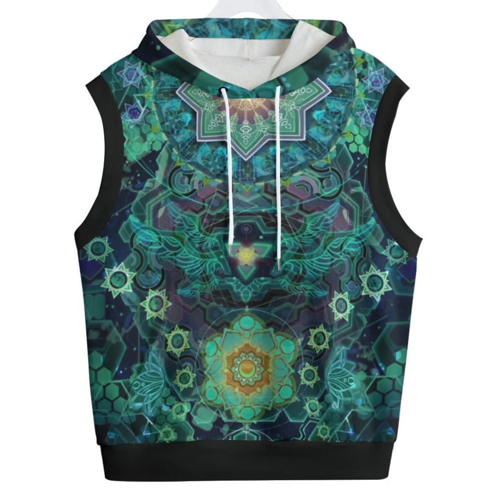 Yantric Geometry Sleeveless Pullover Hoodie – Sacred Geometry Mandala Design, Spiritual Festival Clothing, Psychedelic Wear, Festival Streetwear