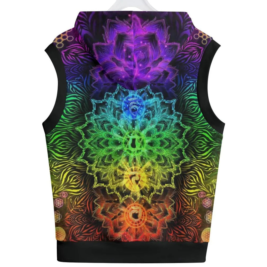 Sacred Chakras Sleeveless Pullover Hoodie – Colorful Chakra Mandala Design, Spiritual Festival Clothing, Psychedelic Wear