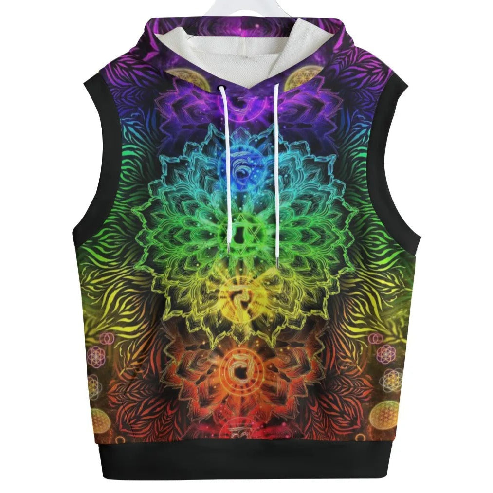 Sacred Chakras Sleeveless Pullover Hoodie – Colorful Chakra Mandala Design, Spiritual Festival Clothing, Psychedelic Wear