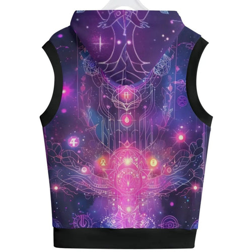 Cosmic Mysticism Sleeveless Pullover Hoodie – Psychedelic Galaxy Mandala Design, Spiritual Festival Clothing, Boho Wear