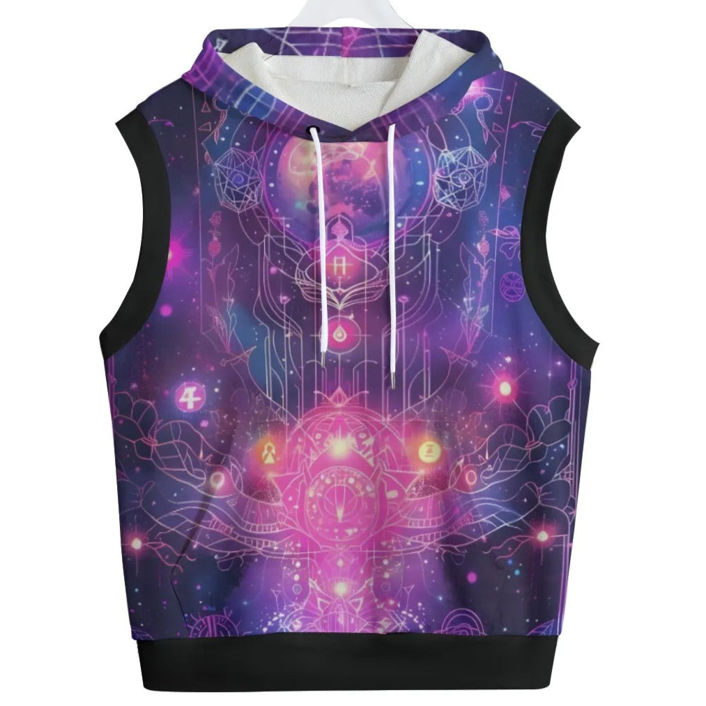 Cosmic Mysticism Sleeveless Pullover Hoodie – Psychedelic Galaxy Mandala Design, Spiritual Festival Clothing, Boho Wear
