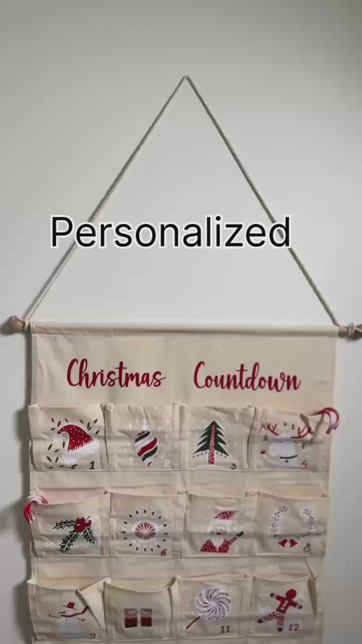 Personalized Fabric Advent Calendar, Christmas Countdown Wall Hanging, Reusable Holiday Decor, Gift Bag Pockets, Kids Advent Gift Idea