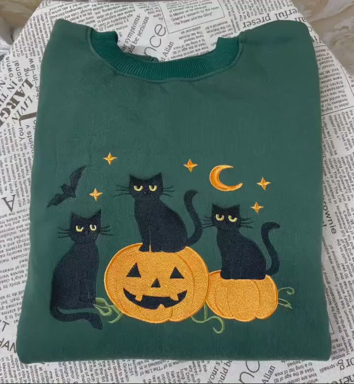 Embroidered Black Cat Pumpkin Sweatshirt, Cute Halloween Crewneck, Spooky Season Embroidery, Fall Pumpkin Sweater, Ghost Bat Cat Lover Gift EBAC22