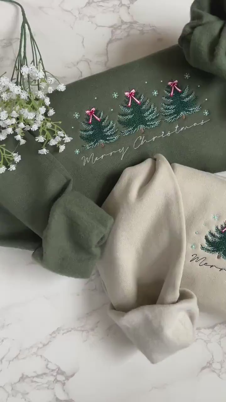 Merry and Bright Embroidered Sweatshirts, Holiday Sweater, Christmas Tree Sweater, Pine-tree Sweatshirt, Gingerbread, Piny SweatshirtEBAC49