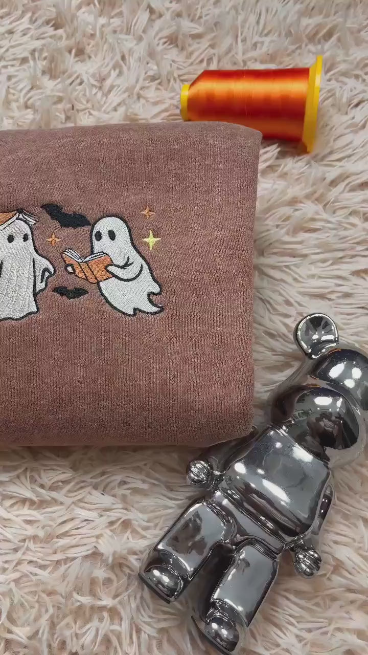 Embroidered Ghost Book Sweatshirt, Ghost Reading Books Sweatshirt, Halloween Embroidered Crewneck, Book Lover Sweatshirt, Cute Halloween Shirt EBAC09