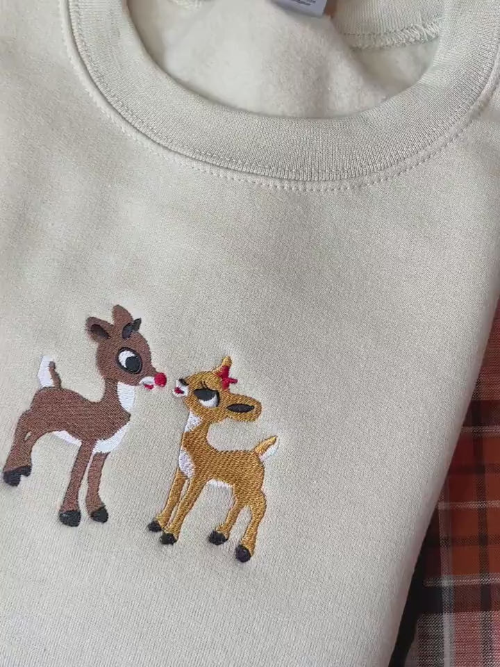 Christmas Embroidered Sweatshirt, Retro Reindeer Design, Rudolph The Red Nose Reindeer and Clarice, Fall Embroidered Sweatshirt. EBAC58