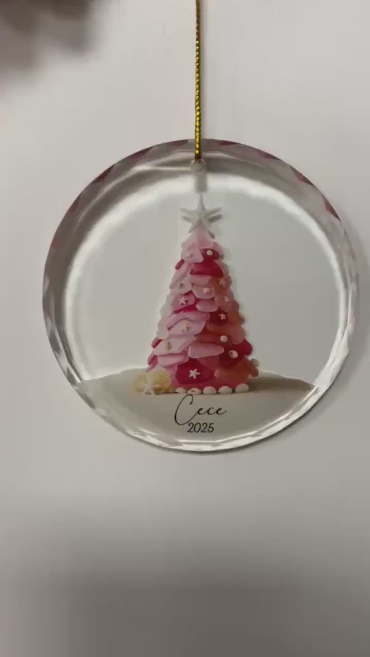 Personalized Pink Christmas Tree Glass Ornament, Custom Name Holiday Decoration, Elegant Xmas Keepsake Gift