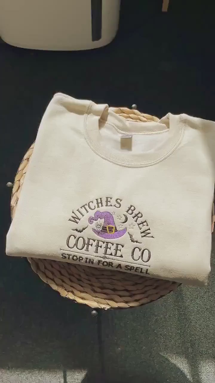 Witches Brew Coffee Embroidered Sweatshirt, Witch Halloween Embroidered Sweatshirt, Halloween Crewneck, Vintage Salem Sweatshirt EBAC47