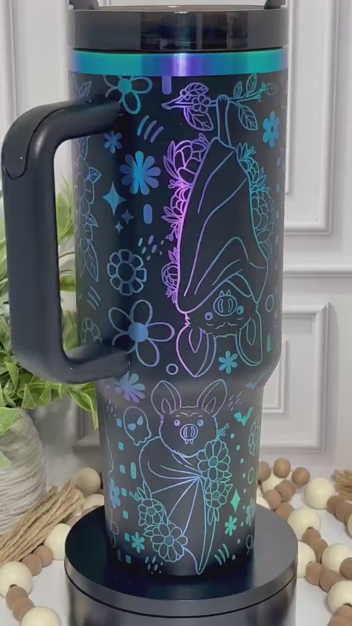40 oz Tumbler Halloween Bat Bats Floral Bats Doodle Handle Straw Customized Laser Engraved, Custom Gifts For Halloween