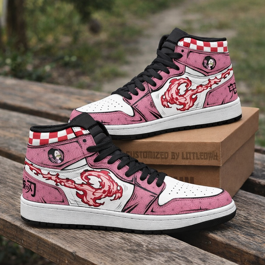 Demon Slayer Kimono-Inspired High Top Sneakers ,Anime Shoes, Footwear for Fans of Tanjiro, Unique Anime Fashion