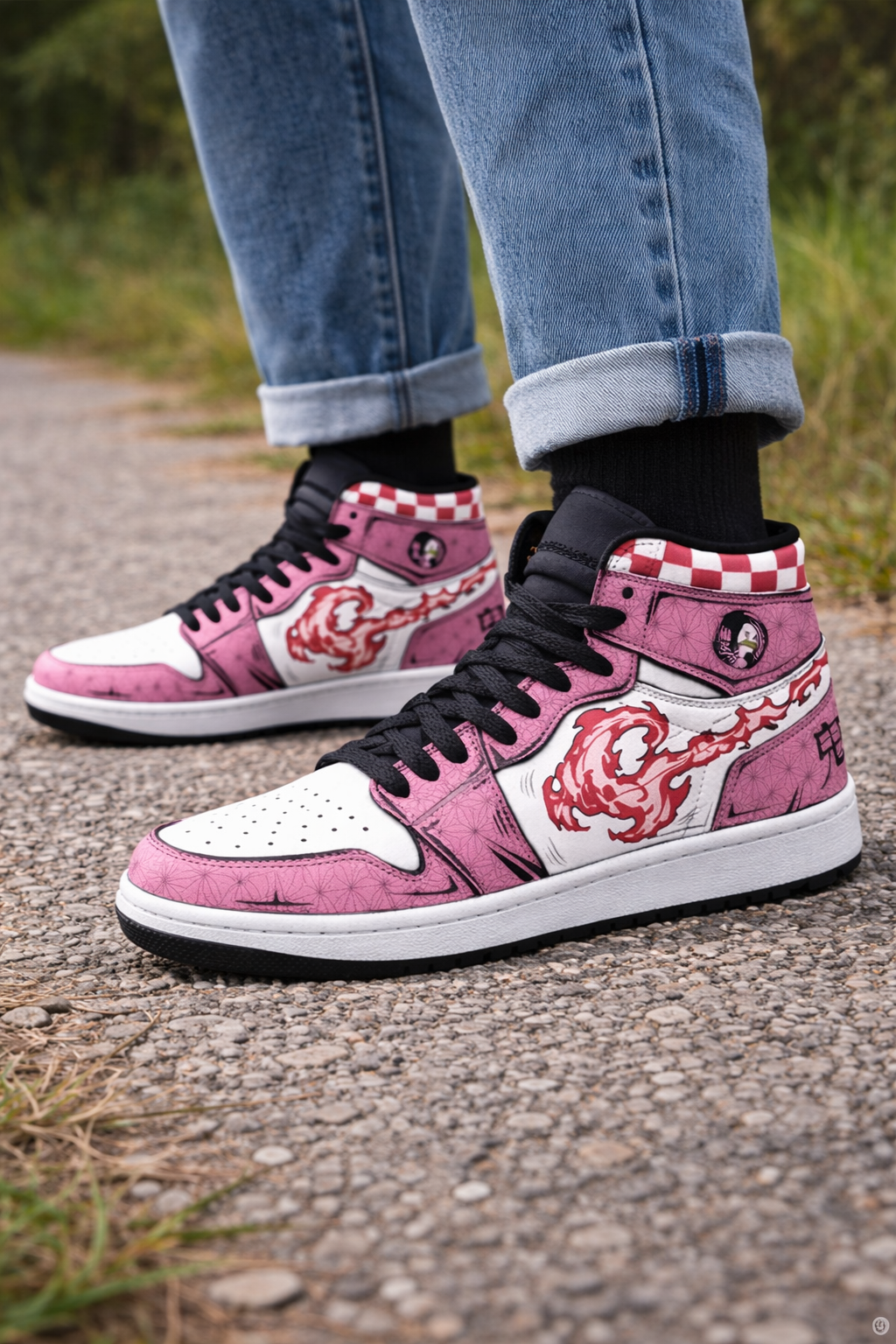 Demon Slayer Kimono-Inspired High Top Sneakers ,Anime Shoes, Footwear for Fans of Tanjiro, Unique Anime Fashion