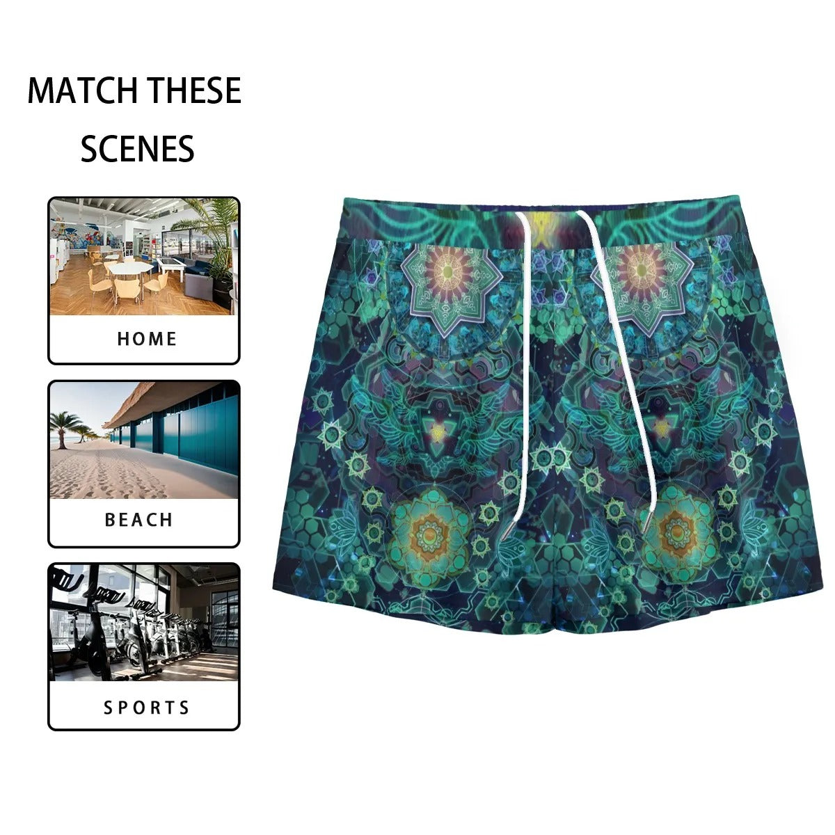 Yantric Geometry Shorts, Sacred Mandala Pattern Festival Shorts for Men, Psychedelic Spiritual Streetwear, Boho Summer Style