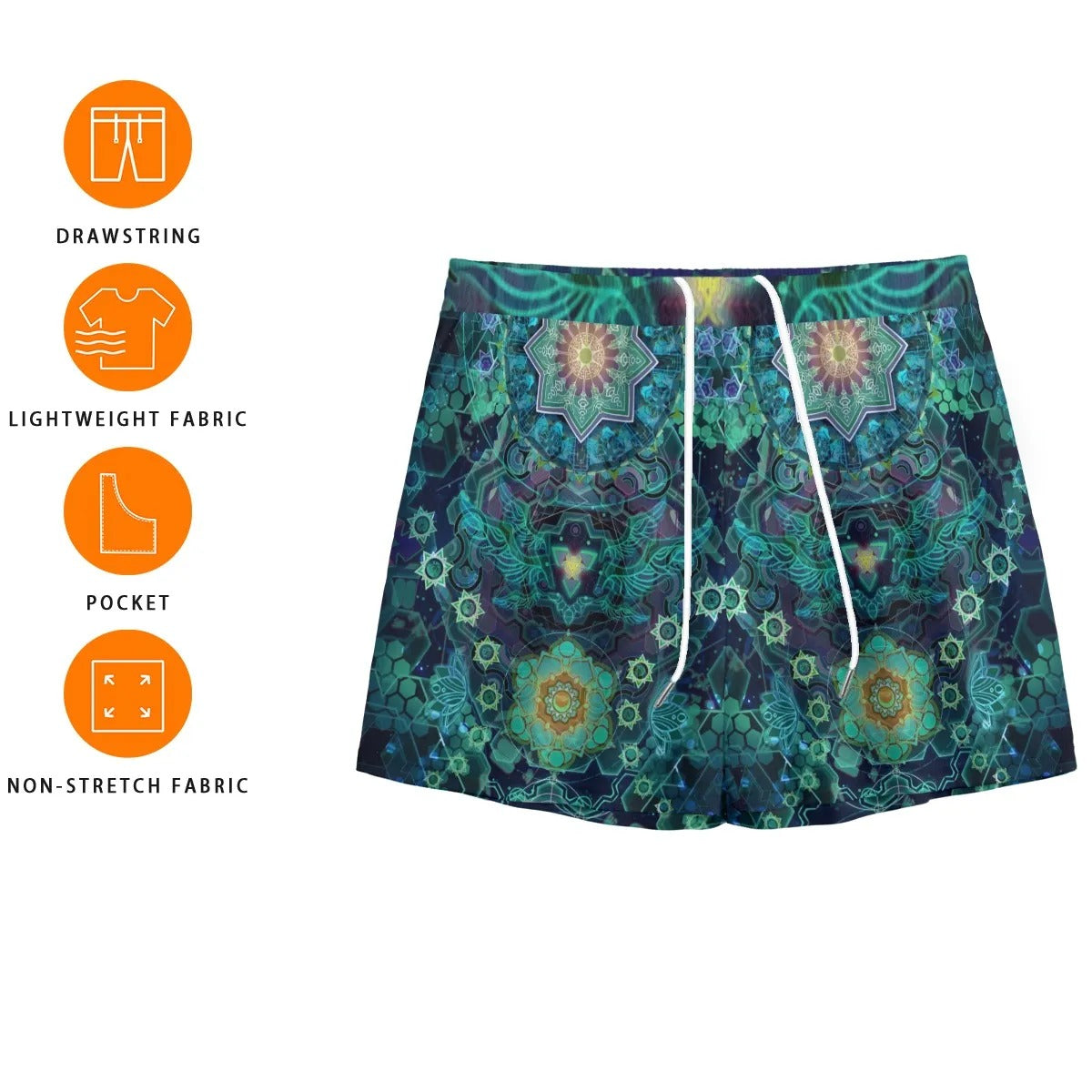 Yantric Geometry Shorts, Sacred Mandala Pattern Festival Shorts for Men, Psychedelic Spiritual Streetwear, Boho Summer Style