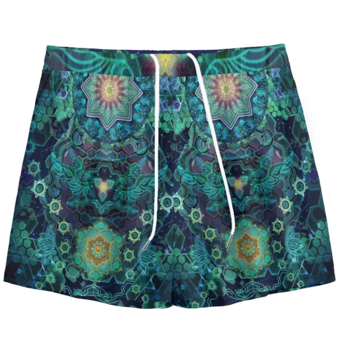 Yantric Geometry Shorts, Sacred Mandala Pattern Festival Shorts for Men, Psychedelic Spiritual Streetwear, Boho Summer Style