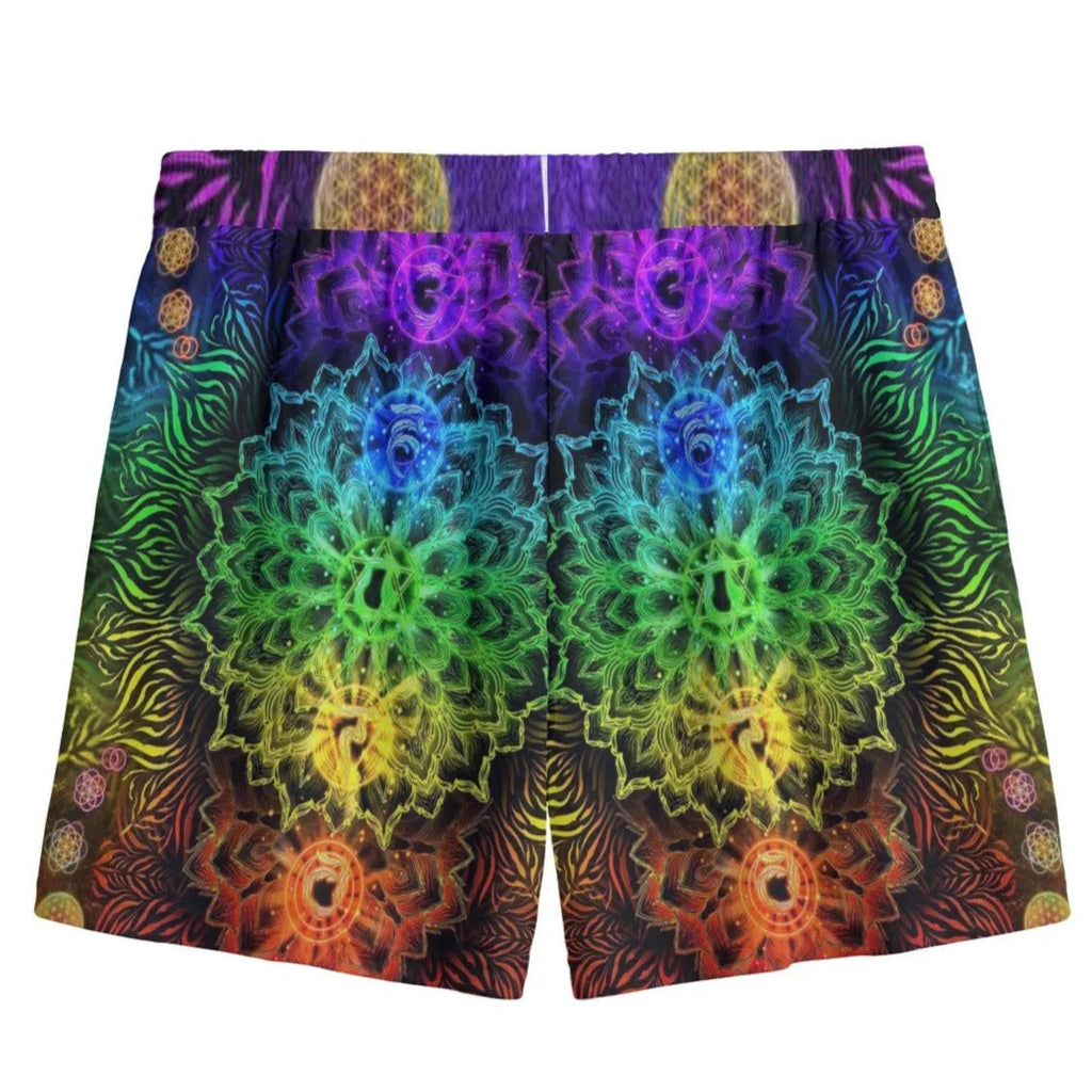 Sacred Chakras Mesh Shorts for Men, Breathable Festival Shorts with 7 Chakra Mandala Print, Spiritual Beachwear, Boho Style