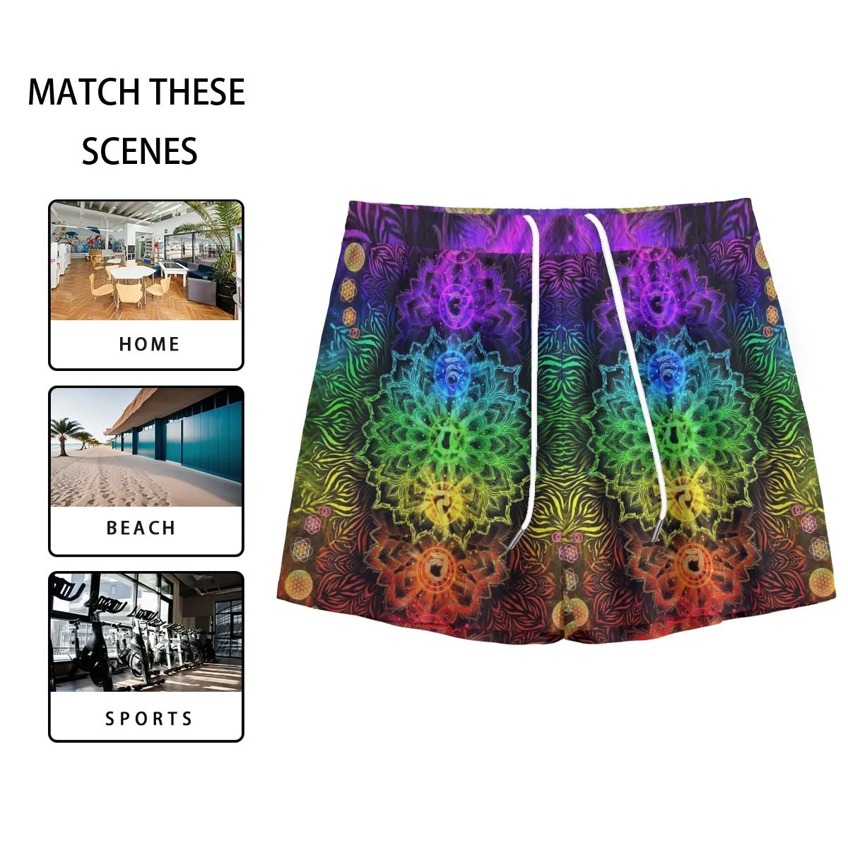 Sacred Chakras Mesh Shorts for Men, Breathable Festival Shorts with 7 Chakra Mandala Print, Spiritual Beachwear, Boho Style