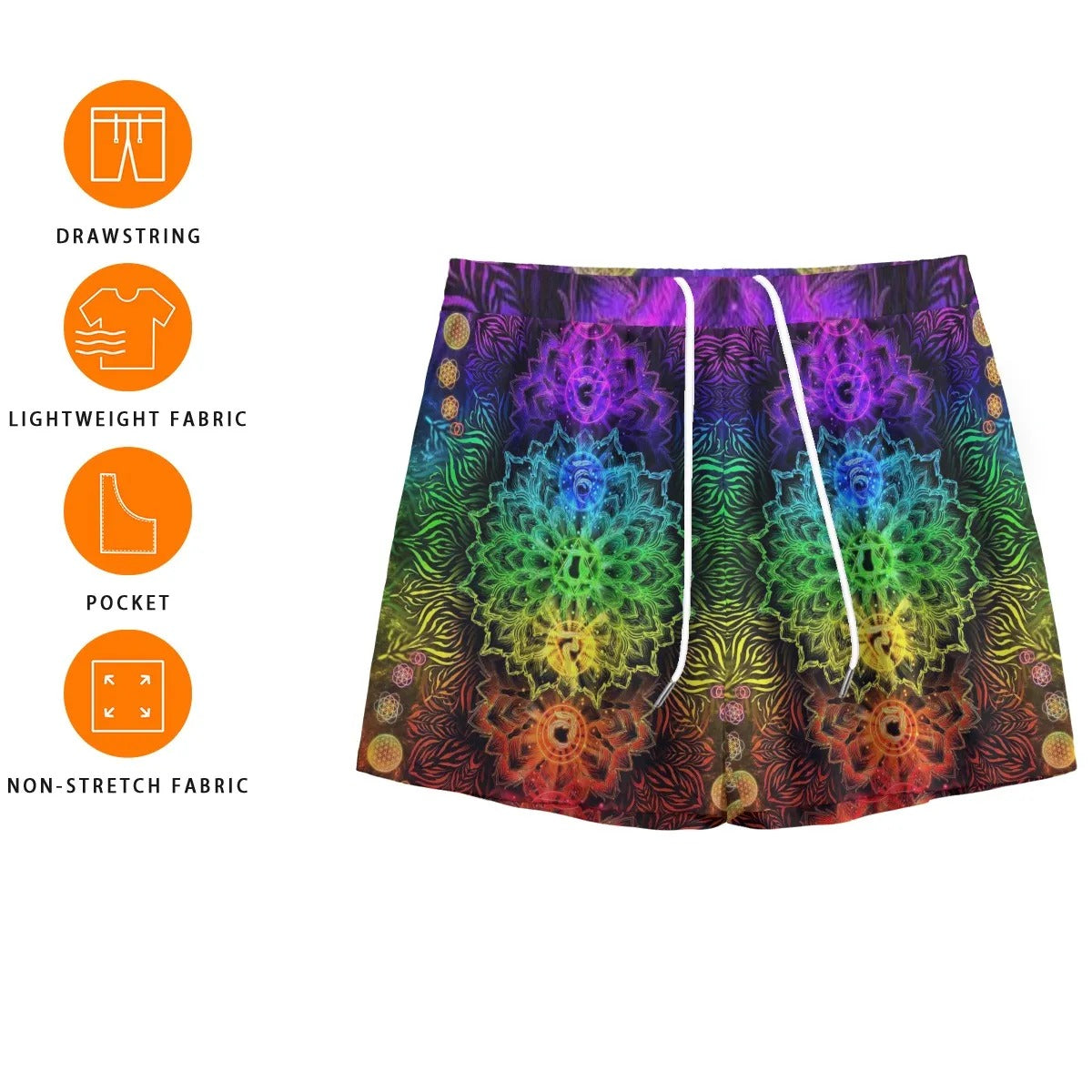 Sacred Chakras Mesh Shorts for Men, Breathable Festival Shorts with 7 Chakra Mandala Print, Spiritual Beachwear, Boho Style
