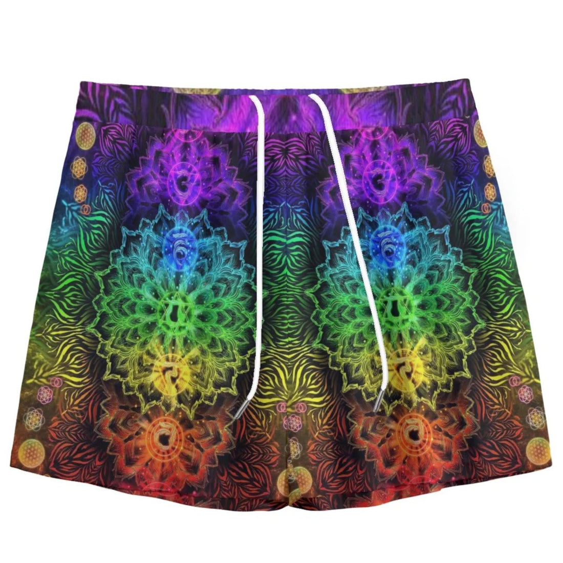 Sacred Chakras Mesh Shorts for Men, Breathable Festival Shorts with 7 Chakra Mandala Print, Spiritual Beachwear, Boho Style