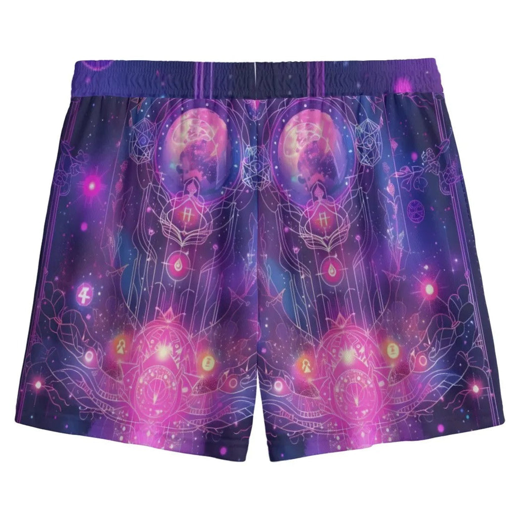 Cosmic Mysticism Mesh Shorts for Men, Psychedelic Galaxy Design, Spiritual Festival Wear, Trippy Boho Beach Shorts
