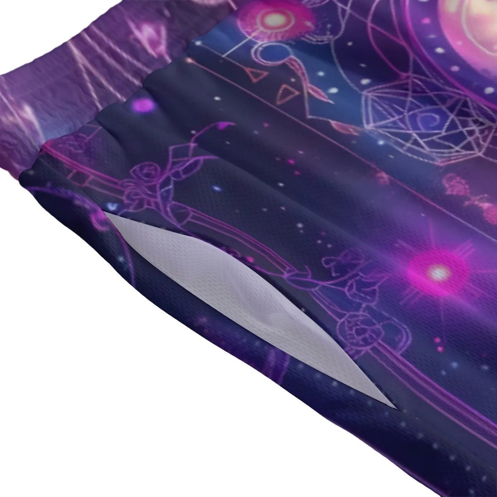Cosmic Mysticism Mesh Shorts for Men, Psychedelic Galaxy Design, Spiritual Festival Wear, Trippy Boho Beach Shorts