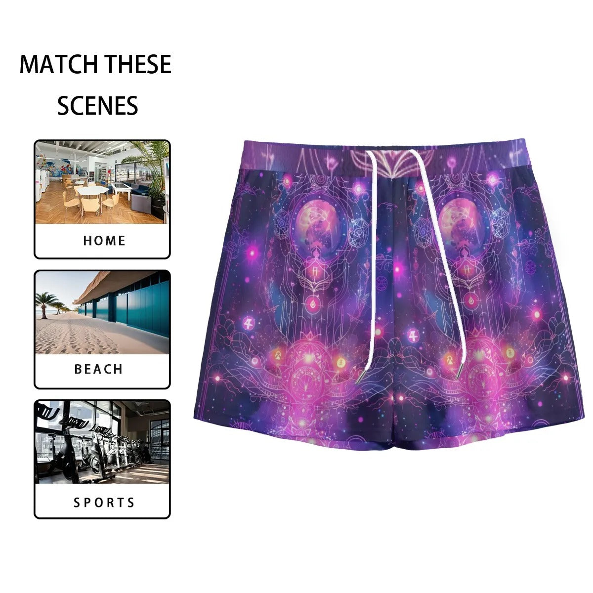 Cosmic Mysticism Mesh Shorts for Men, Psychedelic Galaxy Design, Spiritual Festival Wear, Trippy Boho Beach Shorts