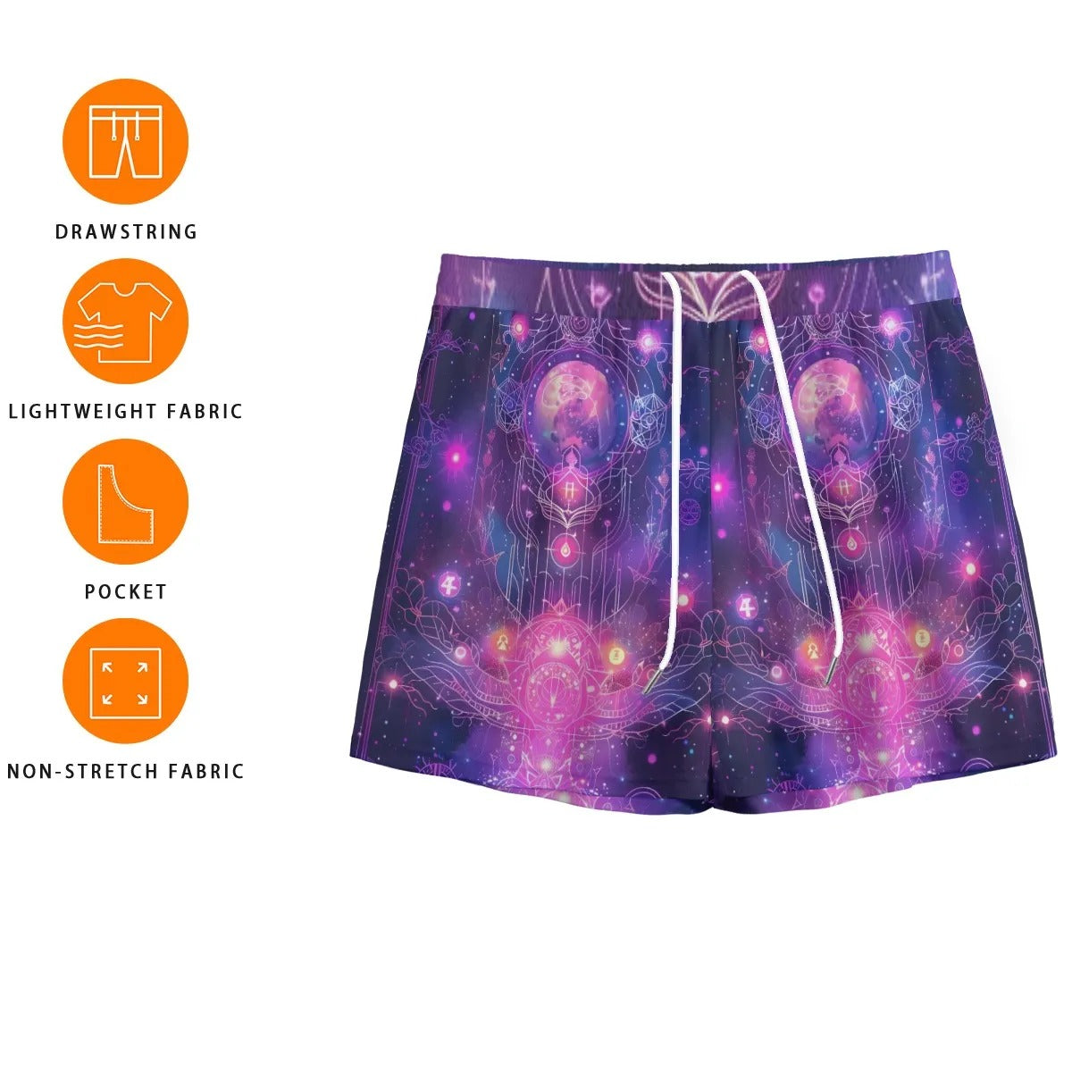 Cosmic Mysticism Mesh Shorts for Men, Psychedelic Galaxy Design, Spiritual Festival Wear, Trippy Boho Beach Shorts