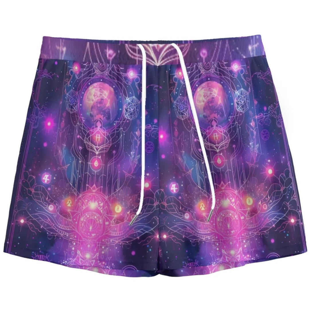 Cosmic Mysticism Mesh Shorts for Men, Psychedelic Galaxy Design, Spiritual Festival Wear, Trippy Boho Beach Shorts