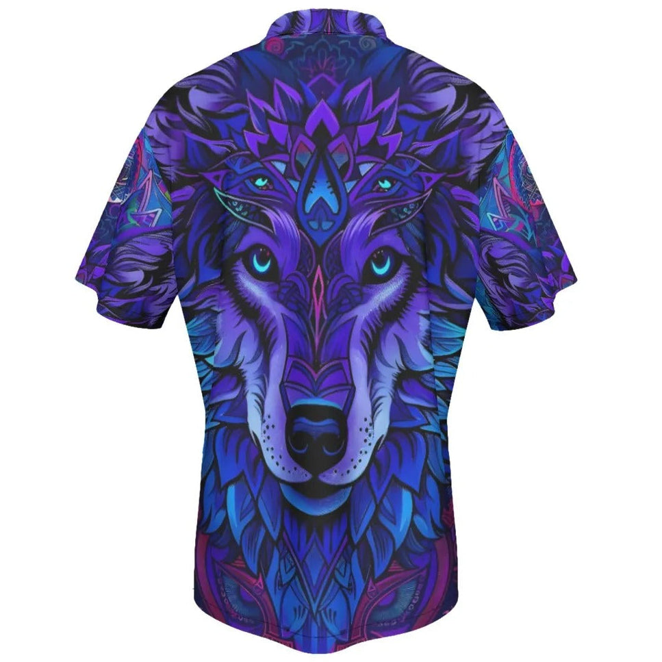Wolf Mandala Button-Up Hawaiian, Tribal Spirit Animal Hawaiian for Men, Purple Boho Festival Hawaiian, Psychedelic Print
