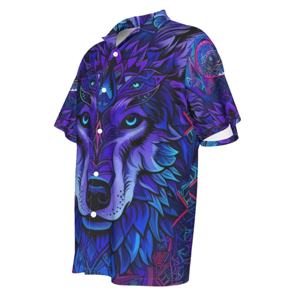 Wolf Mandala Button-Up Hawaiian, Tribal Spirit Animal Hawaiian for Men, Purple Boho Festival Hawaiian, Psychedelic Print