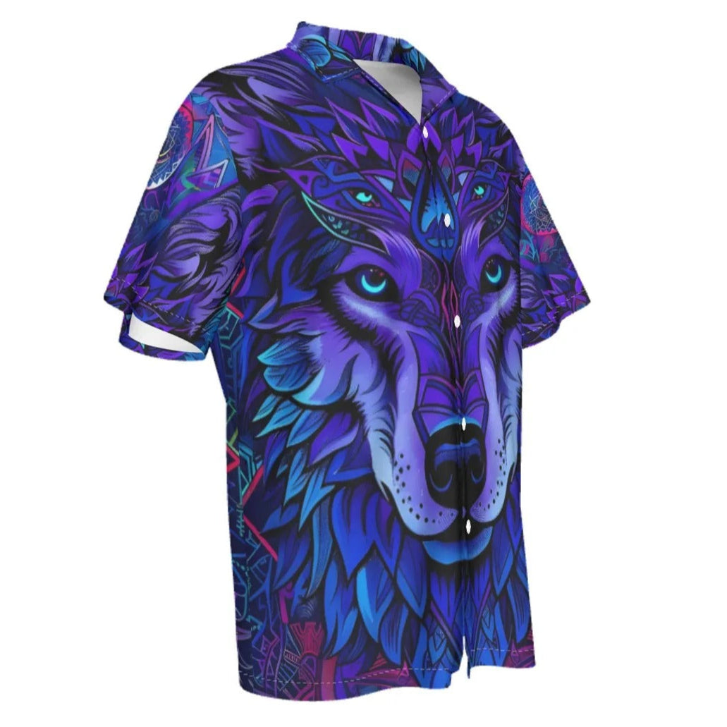 Wolf Mandala Button-Up Hawaiian, Tribal Spirit Animal Hawaiian for Men, Purple Boho Festival Hawaiian, Psychedelic Print