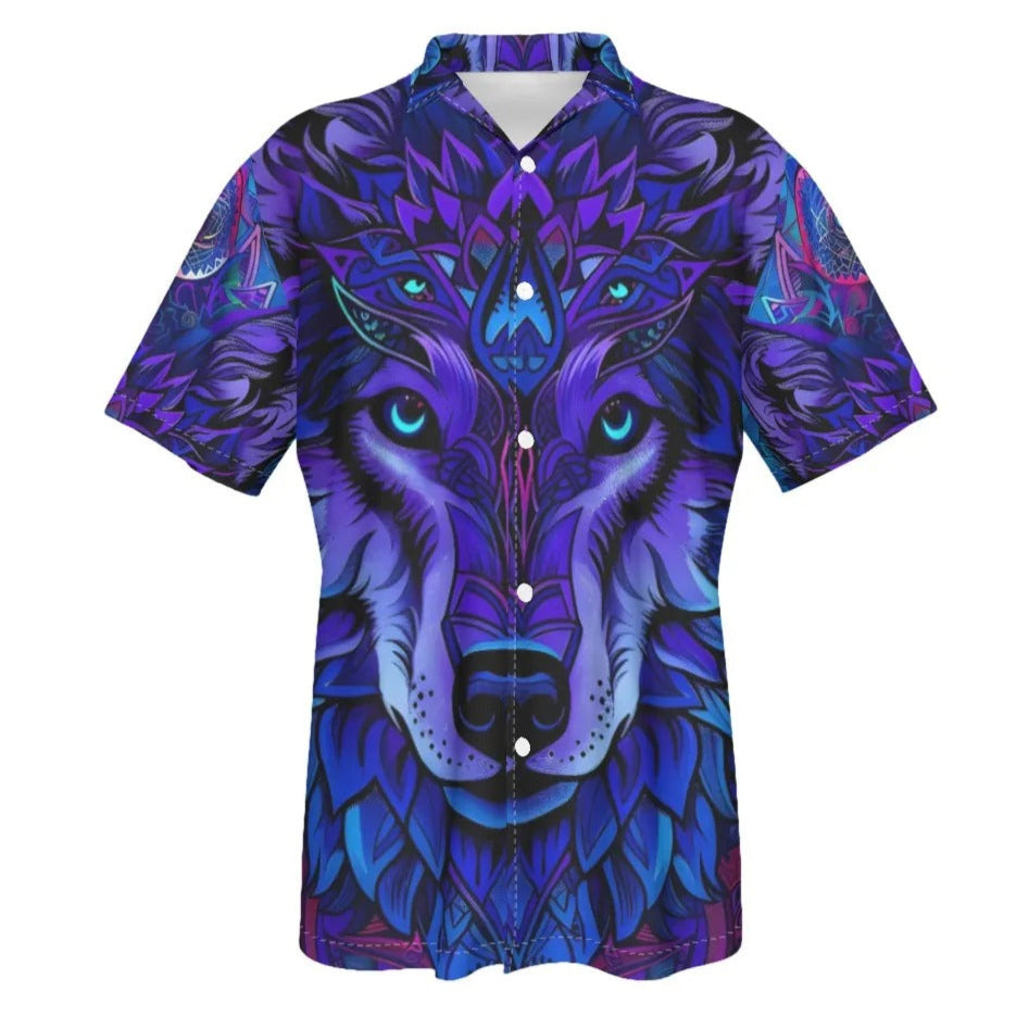 Wolf Mandala Button-Up Hawaiian, Tribal Spirit Animal Hawaiian for Men, Purple Boho Festival Hawaiian, Psychedelic Print