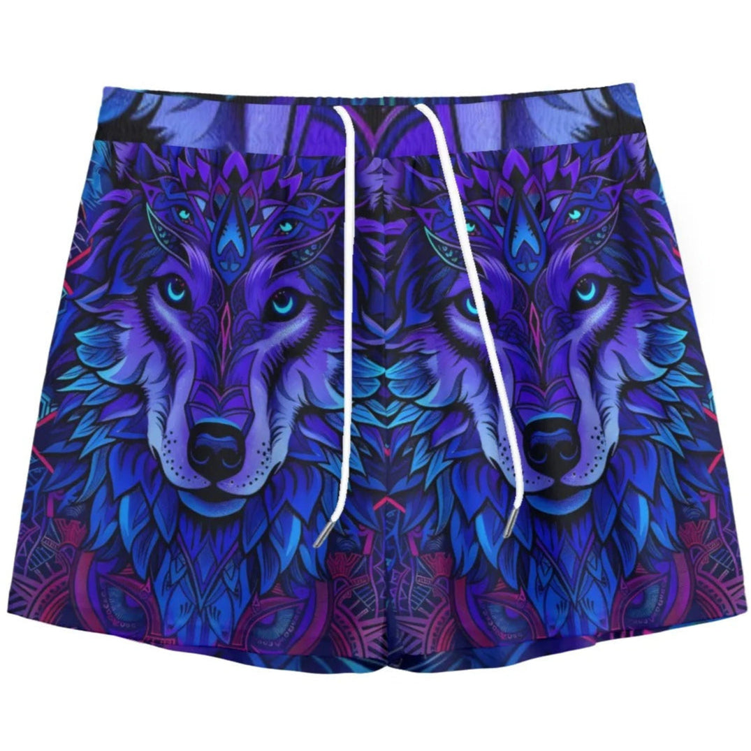 Wolf Mandala Shorts for Men, Tribal Spirit Animal Swim Trunks, Purple Blue Festival Beachwear, Boho Psychedelic Summer Shorts