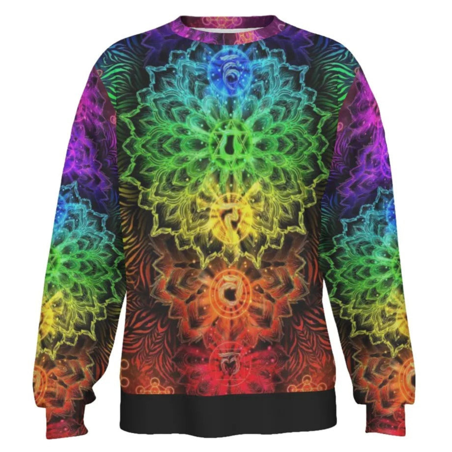 Sacred Chakra Mandala Sweater, Vibrant Rainbow Energy Healing Sweater, Spiritual Energy Symbol, Colorful Sacred Geometry Sweater, Mandala Sweater
