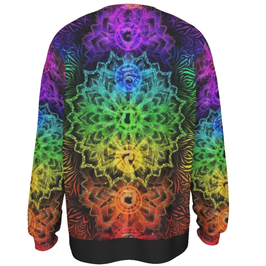 Sacred Chakra Mandala Sweater, Vibrant Rainbow Energy Healing Sweater, Spiritual Energy Symbol, Colorful Sacred Geometry Sweater, Mandala Sweater