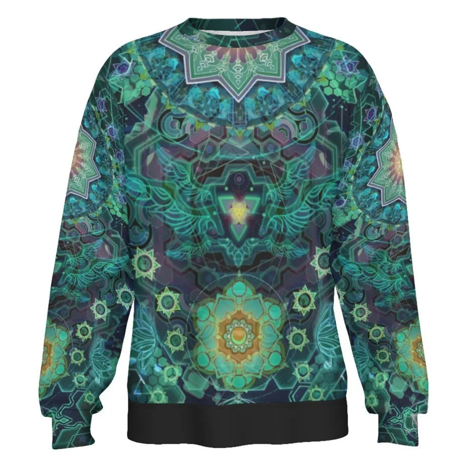 Yantric Geometry Sweater, Sacred Mandala Energy Sweater, Mystic Geometric Light Sweater, Vibrant Spiritual Pattern Sweater, Celestial Yantra Sweater
