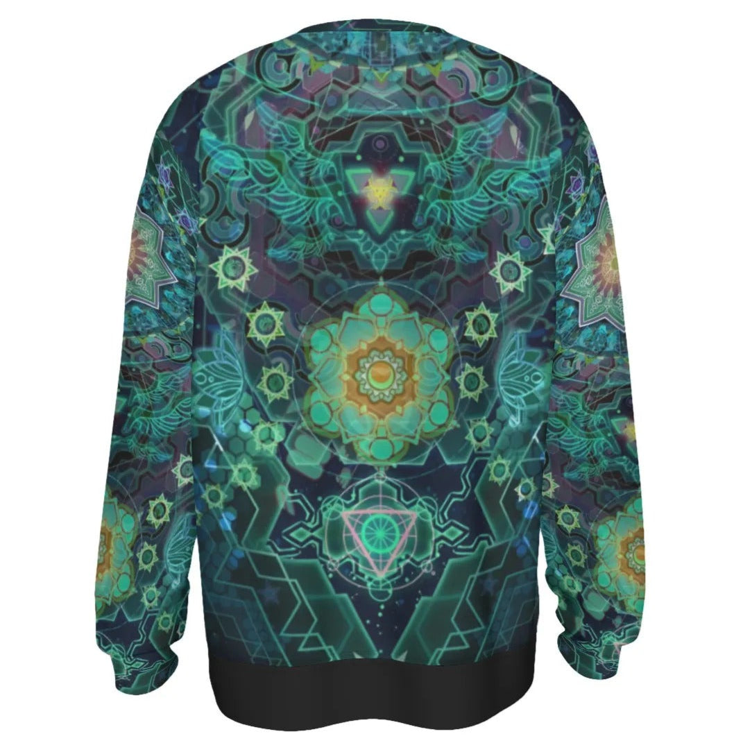 Yantric Geometry Sweater, Sacred Mandala Energy Sweater, Mystic Geometric Light Sweater, Vibrant Spiritual Pattern Sweater, Celestial Yantra Sweater