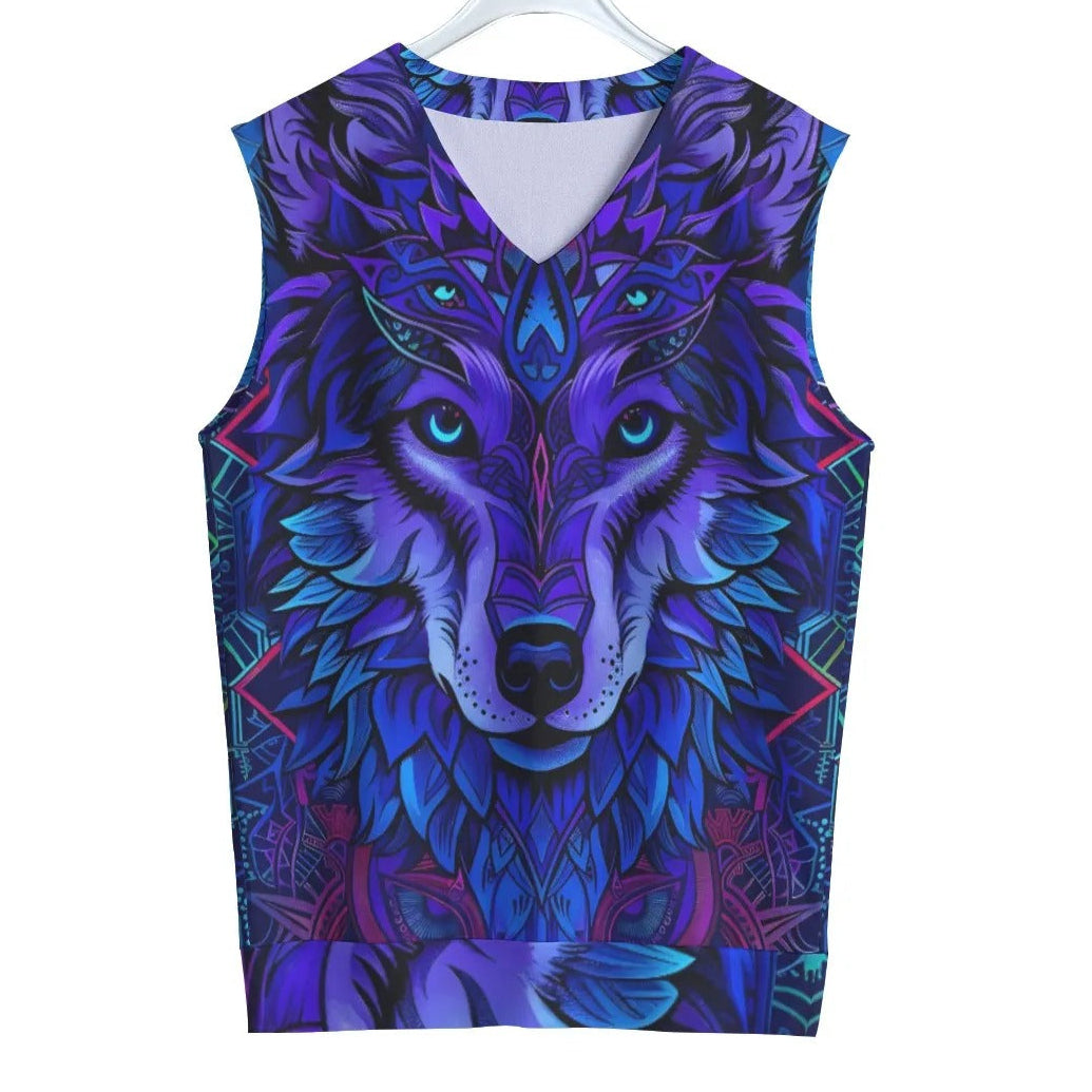 Wolf Mandala Tank Top, Tribal Spirit Animal Sleeveless Shirt for Men, Purple Boho Festival Muscle Tee, Psychedelic Gym Top