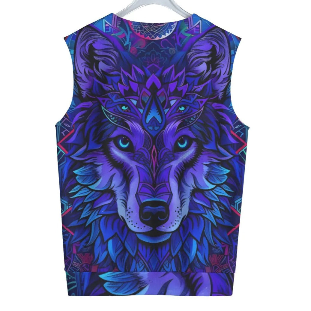 Wolf Mandala Tank Top, Tribal Spirit Animal Sleeveless Shirt for Men, Purple Boho Festival Muscle Tee, Psychedelic Gym Top